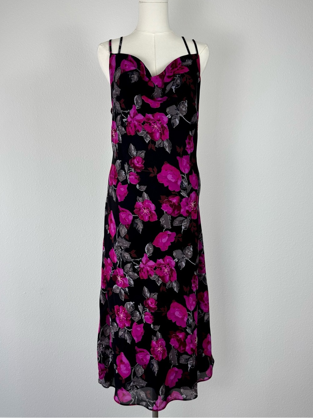 Vintage Y2K New York & Company Slip Dress Size 16 Cowl Neck Black Floral